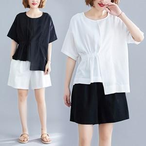 2点セット 半袖Tシャツ+ショートパンツ レディース パンツセットアップ リネンセット 丸首 綿麻 ...