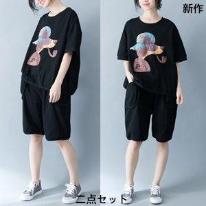 二点セット 半袖Tシャツ+ショートパンツ レディース プリント リネン 綿麻 ゆったり 大きいサイズ...