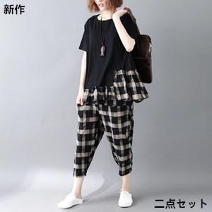 二点セット 半袖Tシャツ+パンツ レディース チェック柄 切り替え ゆったり 大きいサイズ 体型カバ...