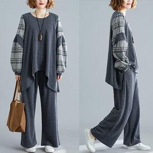 2点セット 上下セット ニットセーター + ニットワイドパンツ ポケット付き チェック柄 ゆったり ...