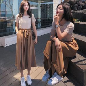 2点セット 半袖Tシャツ+ワイドパンツ レディース 七分丈パンツ 無地 ゆったり 大きいサイズ 着痩...