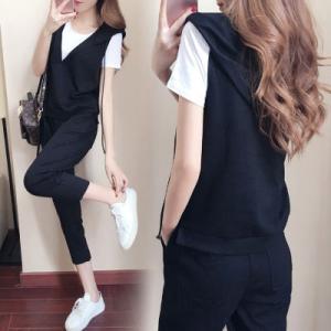 3点セット ベスト+半袖Tシャツ+九分丈パンツ フード付き チノパン ゆったり 大きいサイズ 着痩せ...
