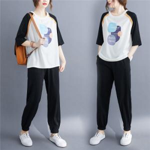 2点セット 半袖Tシャツ+ロングパンツ レディース tシャツ 丸首 プリント プルオーバー ポケット...