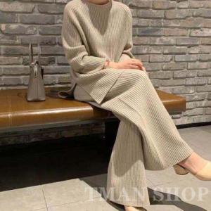 2点セット レディース 上下セット セーター＋ワイドパンツ プルオーバー 長袖 ロング丈 スリット ...