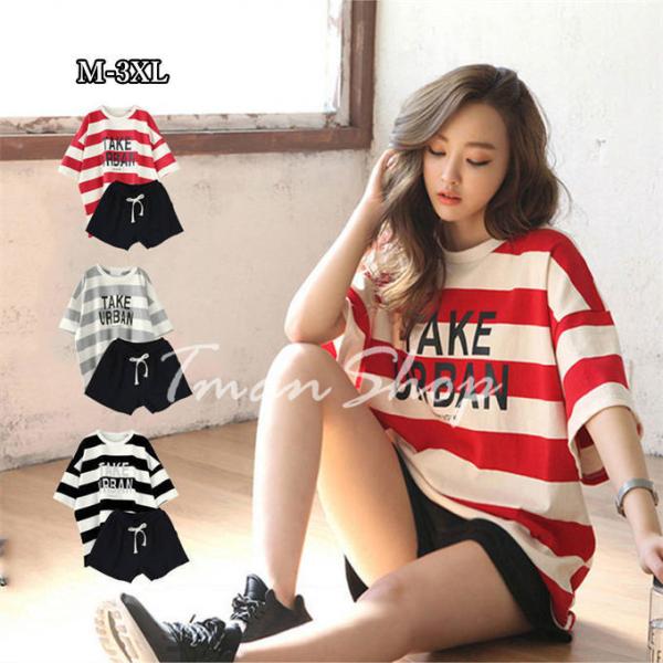 セットアップ レディース 夏 半袖Tシャツ+ショートパンツ ボーダー柄 プリント ゆったり ルームウ...