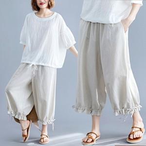 2点セット 半袖Tシャツ+ワイドパンツ レディース パンツセットアップ 無地 リボン 綿麻 上下セッ...