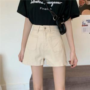 デニムパンツ レディース ショート丈 ワイドパンツ ハイウエスト 無地 薄手 ポケット付き ゆったり...