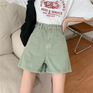 デニムパンツ レディース ショート丈 ワイドパンツ ハイウエスト Aライン 無地 薄手 ポケット付き...