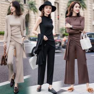 セットアップ レディース 3点セット ノースリーブニット + ガウチョパンツ + 長袖カーディガン ...