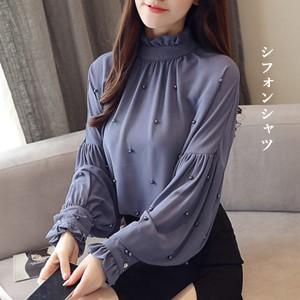 シャツブラウス レディース 長袖 シフォンシャツ ビーズ飾り パフスリーブ 着痩せ おしゃれ 春服 ...