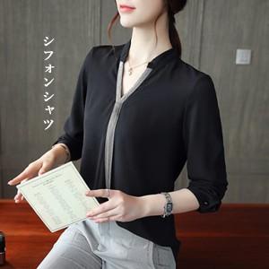 シャツブラウス レディース 長袖 Vネック シフォンシャツ プルオーバー 細身 着痩せ おしゃれ 春...