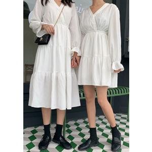 長袖ワンピース レディース ワンピ 長袖 ショート丈 ロング丈 ティアードワンピ Vネック Aライン...