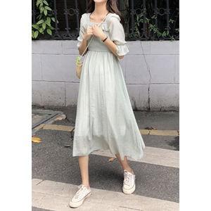 半袖ワンピース レディース ワンピ 半袖 ミモレ丈 スクエアカラー Aライン フレア ハイウエスト ...