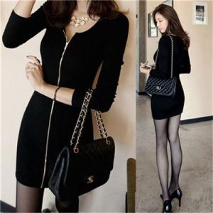 長袖ワンピース レディース 丸首 ミニ丈 長袖 ワンピース ファスナー付き  スリム 細身 セクシー...