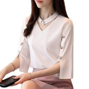 シフォンブラウス レデイース 七分袖 ブラウス 透かし彫り フリル プルオーバー ゆったり 着痩せ ...