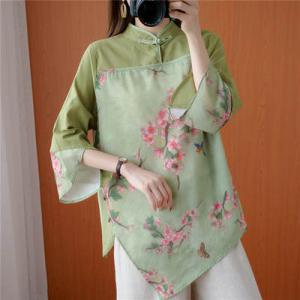 シャツブラウス レディース 立ち襟 ボタン付き 七分袖 チャイナ風 不規則 プリント プルオーバー ...