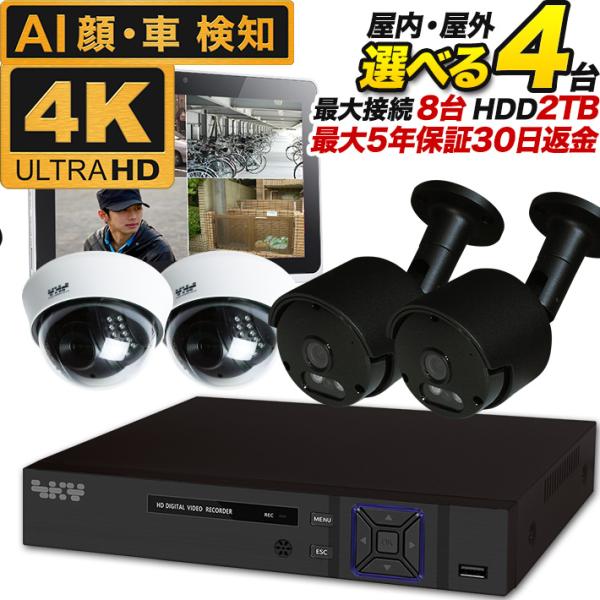 AI搭載 防犯カメラ 4K 800万画素 集音 マイク搭載 屋外用防水バレット型 屋内ドーム型 選べ...