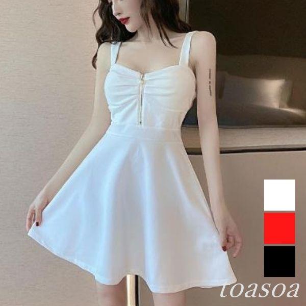 ワンピース レディース キャミソール ミニ フレア フロント ジップ