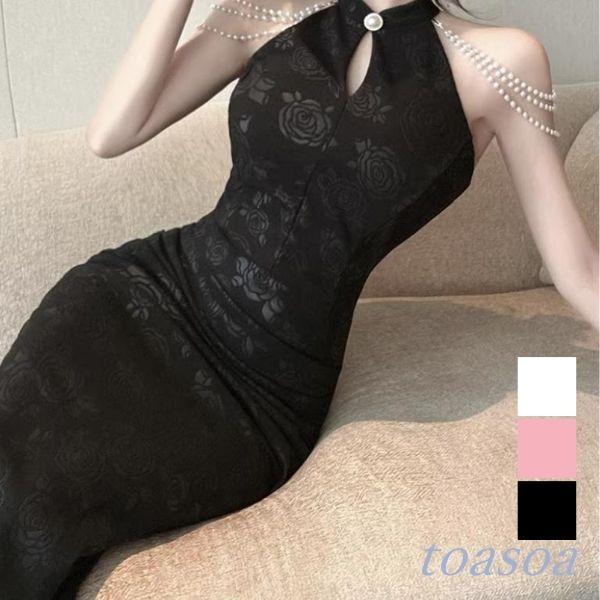 ロング ワンピース レディース タイト アメリカンスリーブ ドレス ラメ 3連 パール