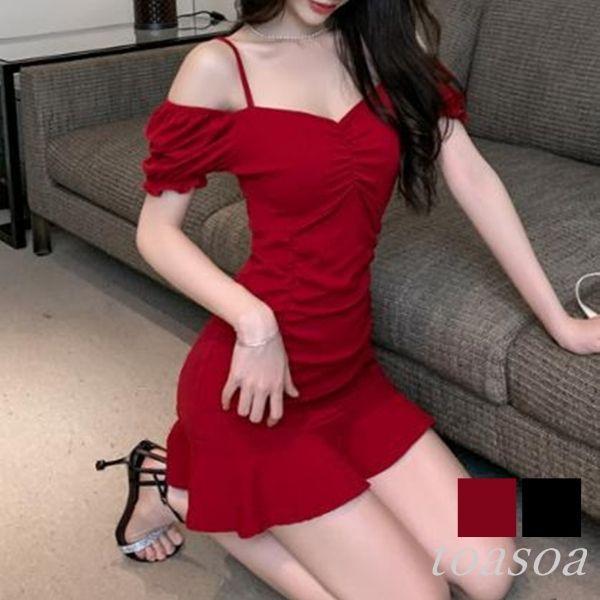 ワンピース レディース タイト セクシー オフショルダー ミニ スカート 半袖 パフスリーブ シャー...