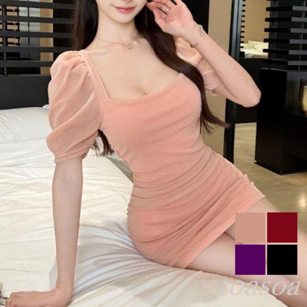 ワンピース レディース タイト セクシー ミニ スカート 半袖 パフスリーブ ラメ