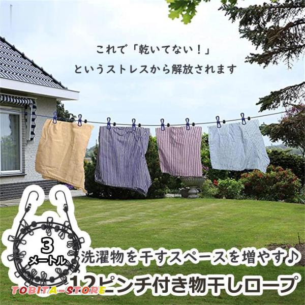 物干しロープ 物干し用ロープ ピンチがついて便利！ 洗濯ピンチ付きロープ 300cm 便利 部屋干し...