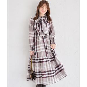 ビックボウタイリボン付きチェック柄シャーリングワンピース【frollina フロリナ】 11月8日(...