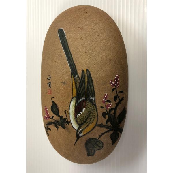 石上三年　中国絵　ストーンアート　置物　観賞インテリア　石絵　鳥　花　手工絵