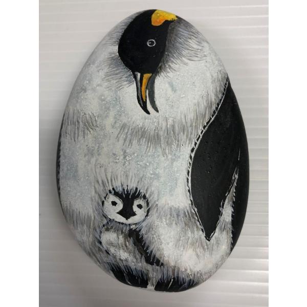 石上三年　中国絵　ストーンアート　置物　観賞インテリア　石絵　ペンキン　親子