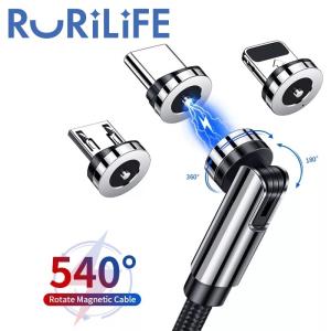 RURILIFE マグネット 充電ケーブル 3in1 USBケーブル 540°充電コード 回転 磁石 マグネット充電ケーブル マグネット式 充電 ケーブル コード スマホ充電コード
