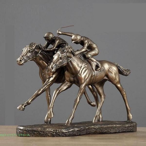 ブロンズダブル競馬の高級装飾品の像、ギャロッピング競走馬、ジョッキーの彫刻-コールドキャストブロンズ...