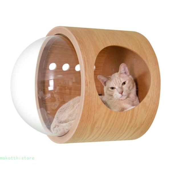 キャットウォーク 壁付け 木製 宇宙船 猫ハウス 透明ペット用ベッド 空気穴で ドーム状 猫用ベッド...