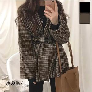 レディース  人気 おしゃれベルト付きチェックハーフコート