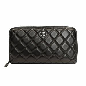 CHANEL シャネル 財布 マトラッセラウンドファスナー レザー マトラッセ ブラック シルバー金具｜tokioka