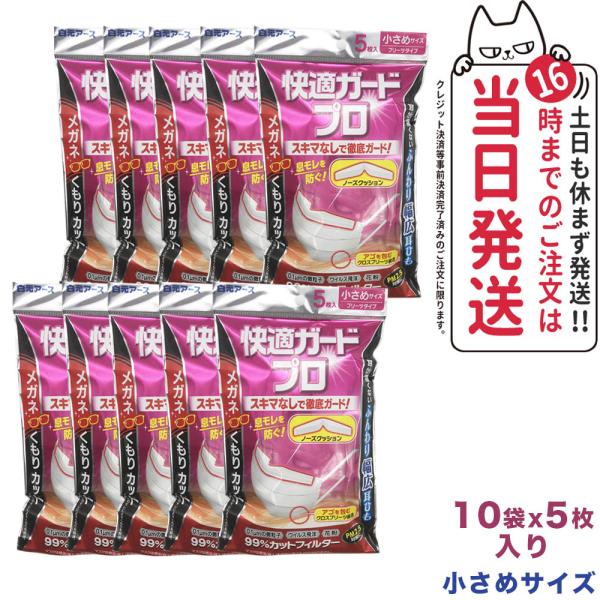 【10袋セット】白元アース 快適ガードプロ プリーツタイプ  小さめサイズ５枚入 不織布マスク メガ...