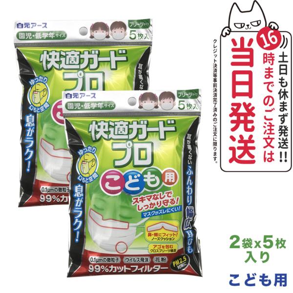 白元アース 快適ガード プロ プリーツタイプ マスク 5枚入 ホワイト こども用 園児 低学年サイズ