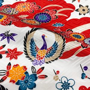 和柄 生地 紅型 びんがた 雲に鶴丸 (白) ...の詳細画像1