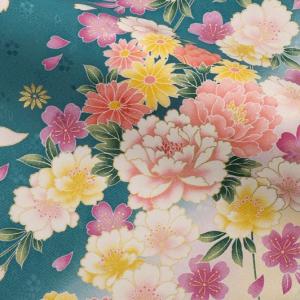和柄 生地 京 金彩友禅 八重桜に牡丹菊花 (浅縹色) 生地巾37cm×長さ158cm単位 切り売りパネル柄