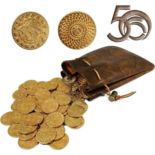 コインおもちゃ50個、RPG用金貨、DNDテーブルゲームコイン、PUレザー収納バッグ付き、RPGツー...