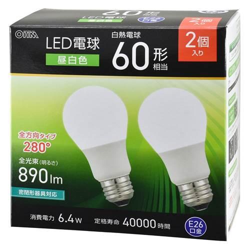 OHM オーム電機　ＬＥＤ電球（60形相当/昼白色/890 lm/6.4W/E26/Ra83/全方向...