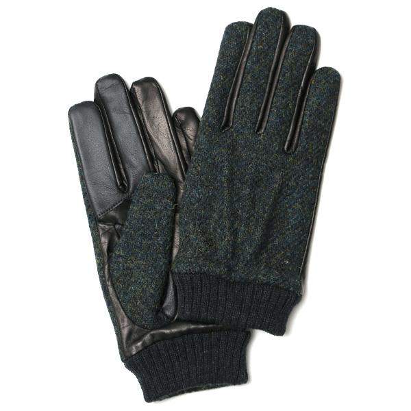 手袋 ハリスツイード メンズ タッチパネル スマホ対応 グリーン 緑色 カシミア リブ付き 革手袋 ...