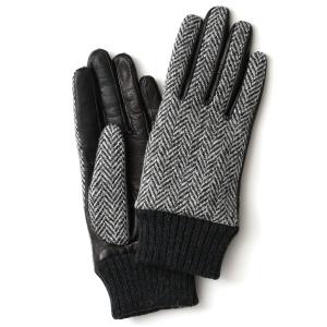 ハリスツイード 手袋 レディース スマホ対応  グレー グレイ 灰色 Harris Tweed 日本製 革 女性 カシミヤ