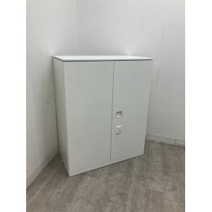 法人送料 オカムラ 両開き書庫 スチール書庫 鍵付き 幅900×奥行450×高さ1150mm オフィス 収納棚 扉付 ダイヤル錠 ホワイト (中古品)