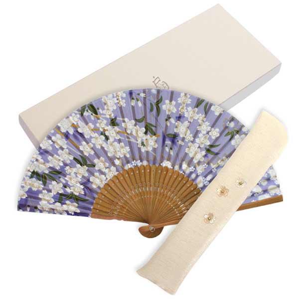 日本のおみやげ　和雑貨　和小物　婦人用扇子 差し袋付きギフトセット／桜(紫)
