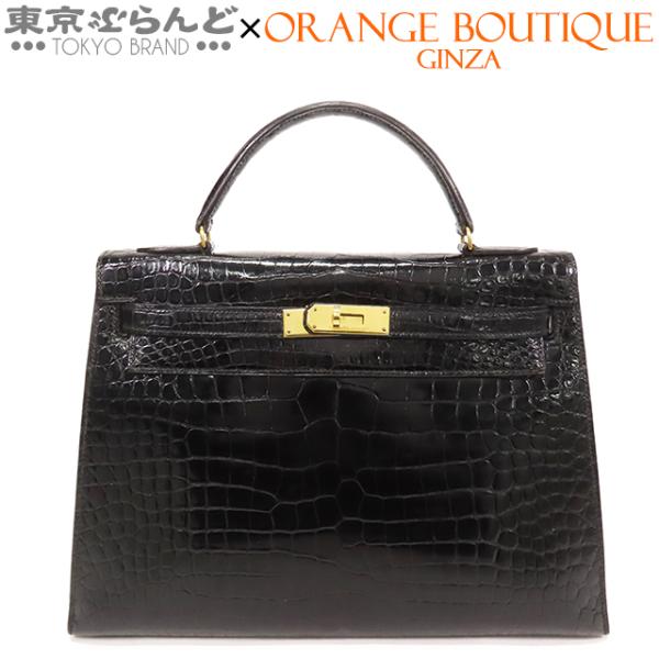 エルメス HERMES ケリー 32 〇R刻印 黒 ブラック ゴールド金具 ポロサス 外縫 クロコダ...