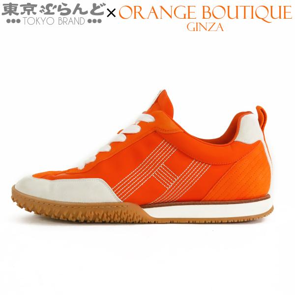 エルメス HERMES コース スニーカー オレンジxホワイト ナイロン スウェード ローカット シ...