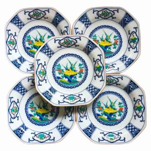 九谷焼 6号皿揃 染付瓔珞紋花鳥 / 青郊窯 和食器 皿 取り皿 人気