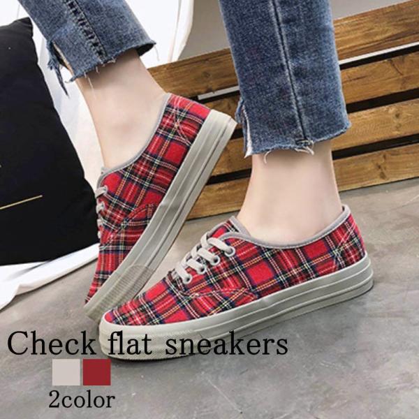 スニーカー レディース チェックフラットスニーカー 人気 ブランド 冬 50代 厚底 軽い 黒 おし...