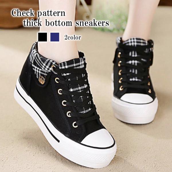 スニーカー レディース チェック柄厚底スニーカー 人気 ブランド 冬 50代 厚底 軽い 黒 おしゃ...