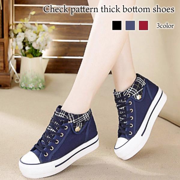 スニーカー レディース チェック柄厚底シューズ 40代 50代 幅広 冬 おしゃれ 安い 黒 秋 厚...